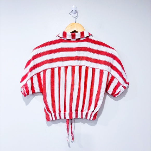 GARAGE Red White Striped Cropped Button Down Tie Front Summer Shirt | X-Small* - Picture 2 of 6